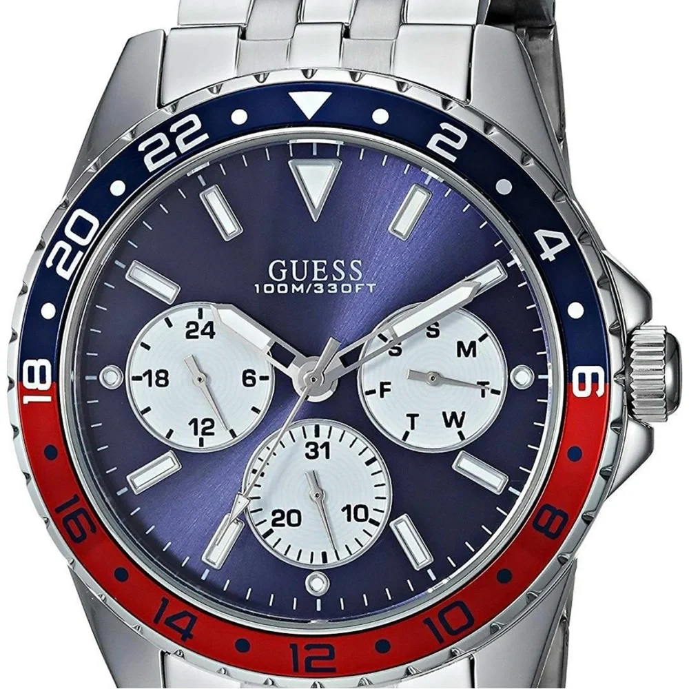 Guess Waterpro Men's Silver Tone Multifunction Watch U1107G2 Red Blue